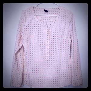 Cream colored blouse with orange & gray polka-dots